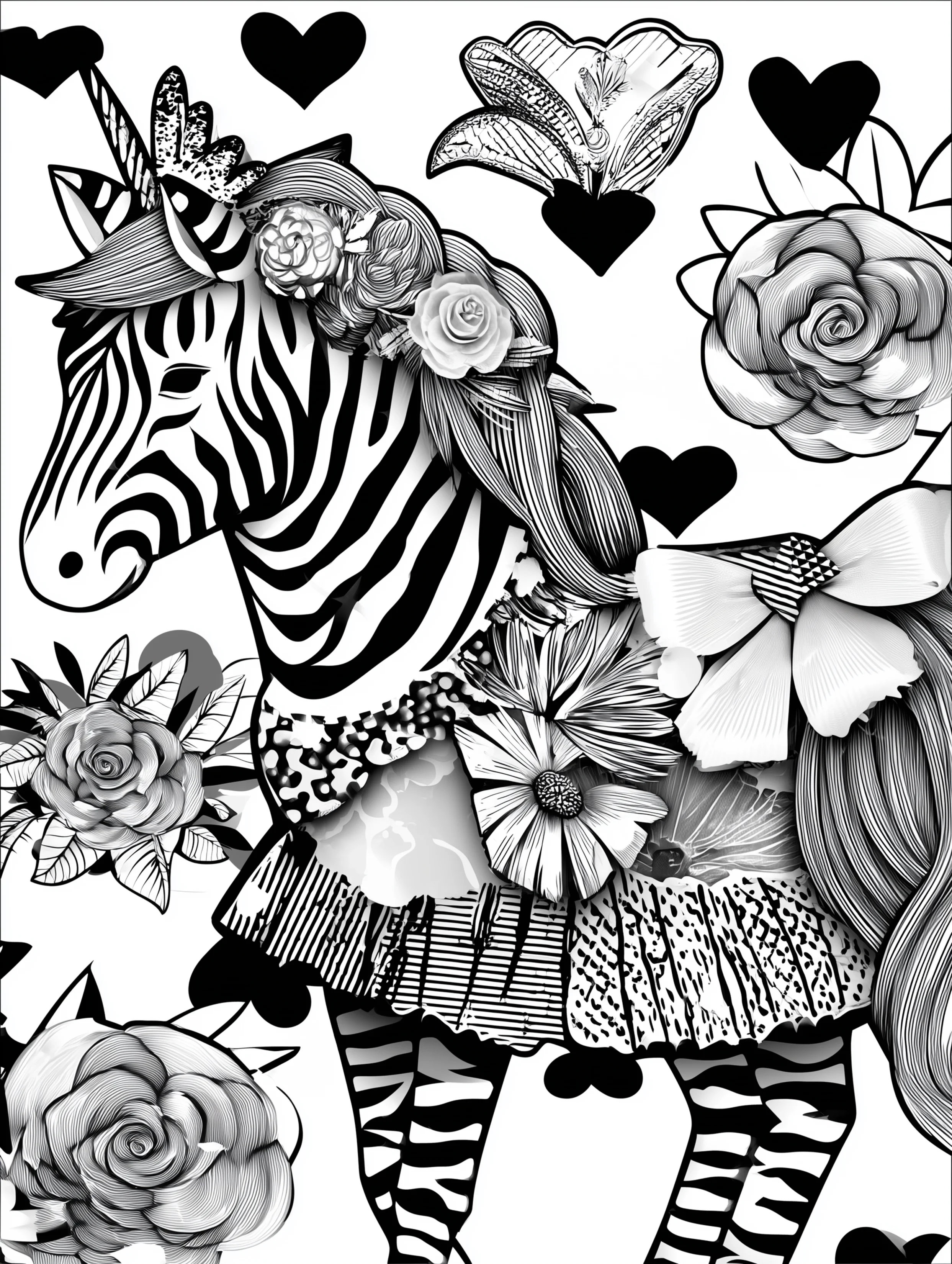 Free printable unicorn coloring page for adults featuring a dressed up zebra unicorn